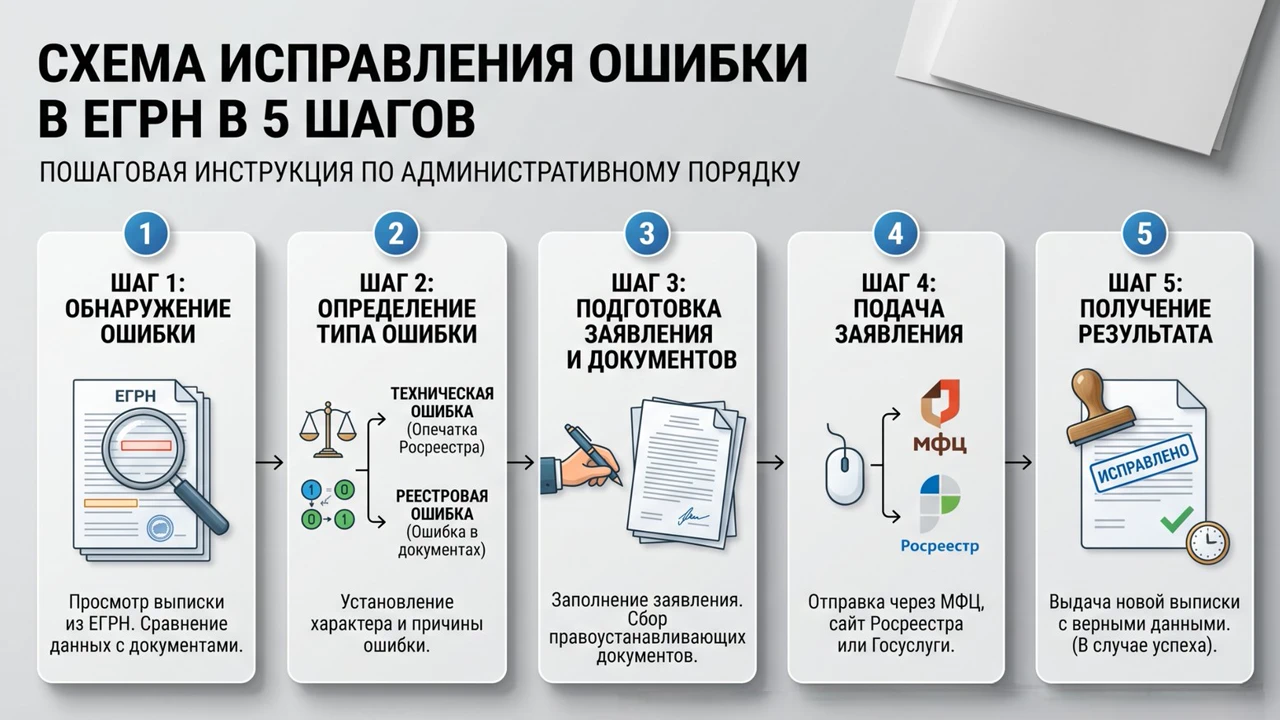 Краткая схема процесса исправления ошибки в ЕГРН в 5 шагов.